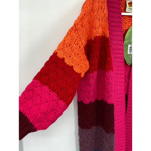 FARM RIO Sweater Cardigan Striped Rainbow Knit Puff Sleeve Open Front - Picture 5 of 7